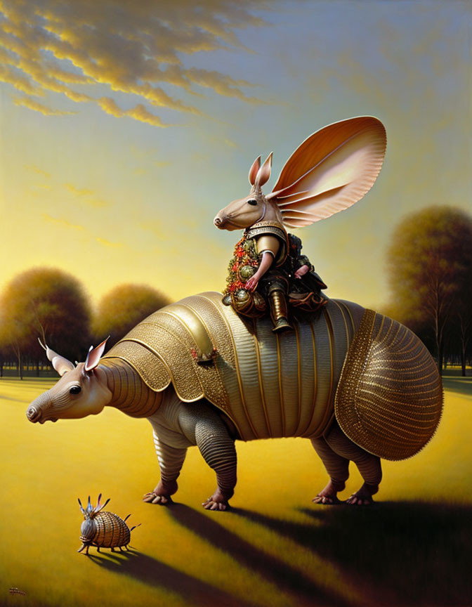 Surreal painting of person riding giant armadillo at twilight