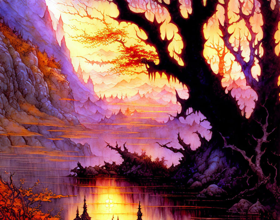 Vivid landscape painting with intricate tree, mountains, and sunset reflection