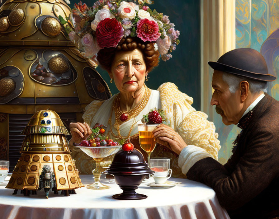 Elderly woman in floral hat with man and Daleks at table