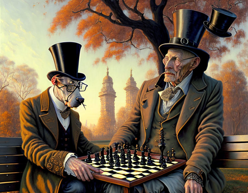 Elderly anthropomorphic dogs play chess in Victorian attire