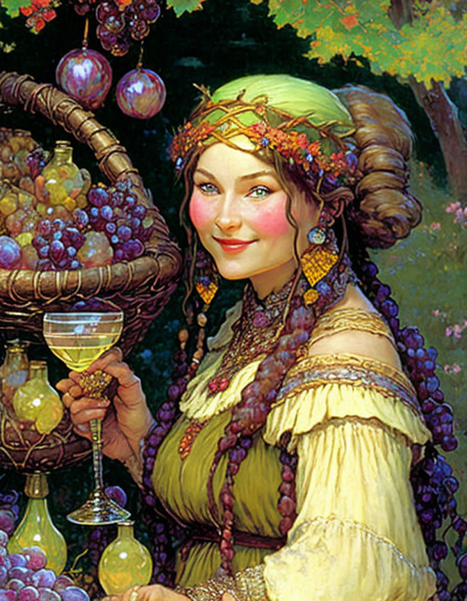 Renaissance-style woman with wine glass and grapes in festive setting