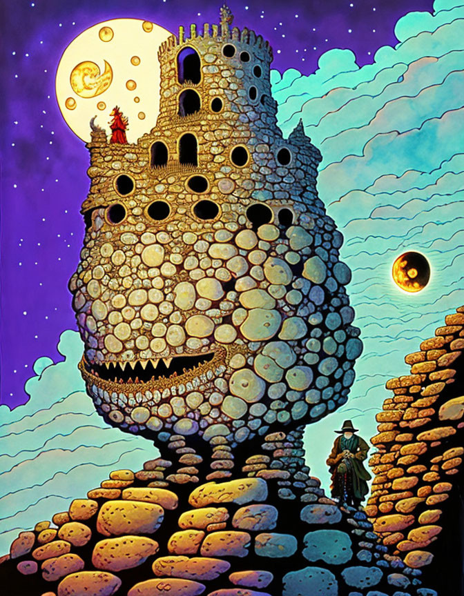 Giant head tower with figures, night sky, celestial bodies