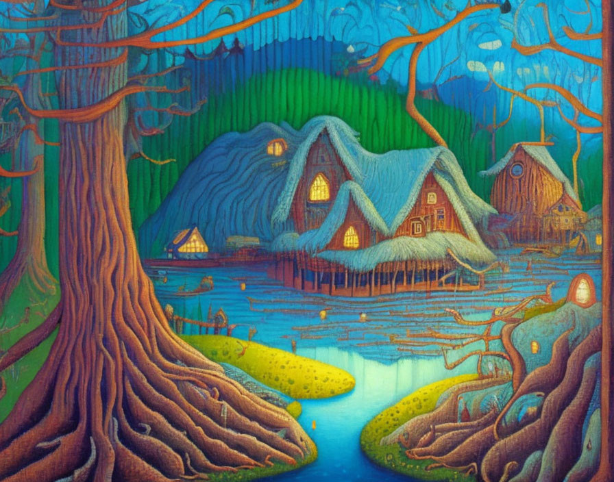 Whimsical forest painting with river and cottages at twilight