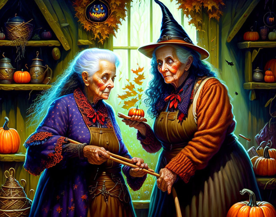 Elderly witches with walking sticks in autumn scene with pumpkins