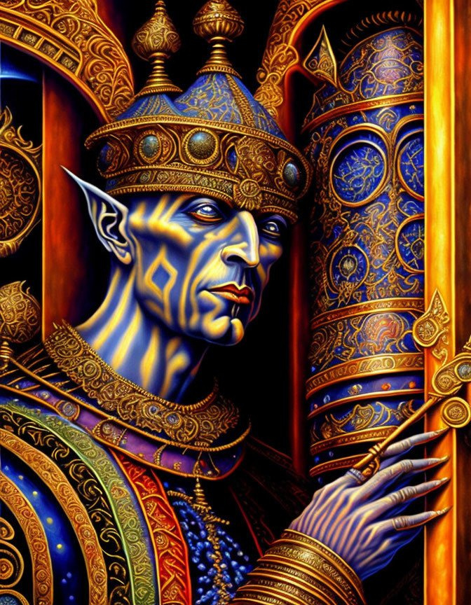 Regal figure in ornate armor and crown behind decorated door