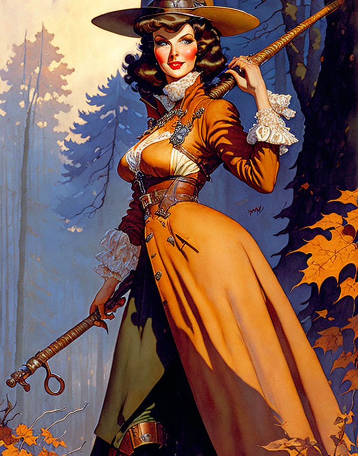 Illustrated woman in vintage brown dress with sword amidst autumn trees