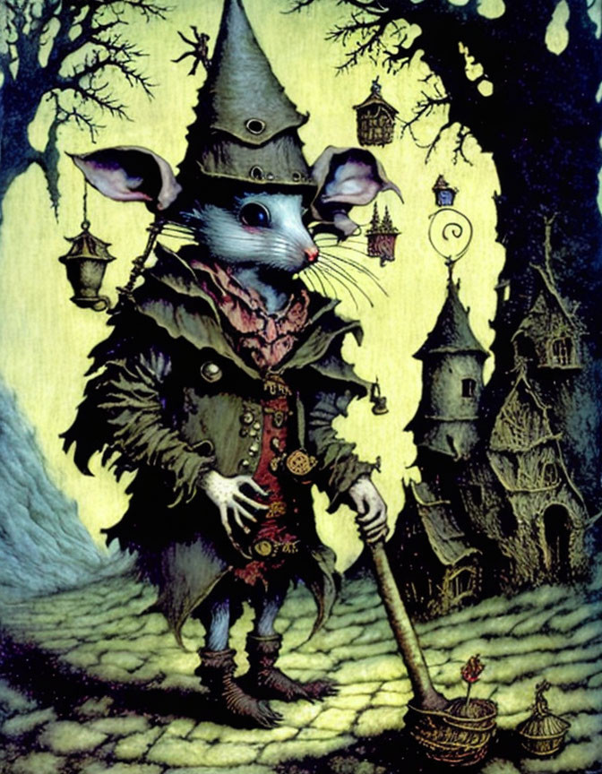 Medieval-themed anthropomorphic mouse in mystical forest with lanterns and castle