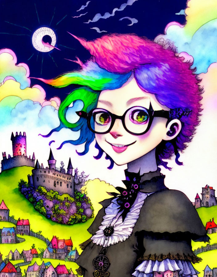 Colorful girl with rainbow hair in fairy-tale landscape