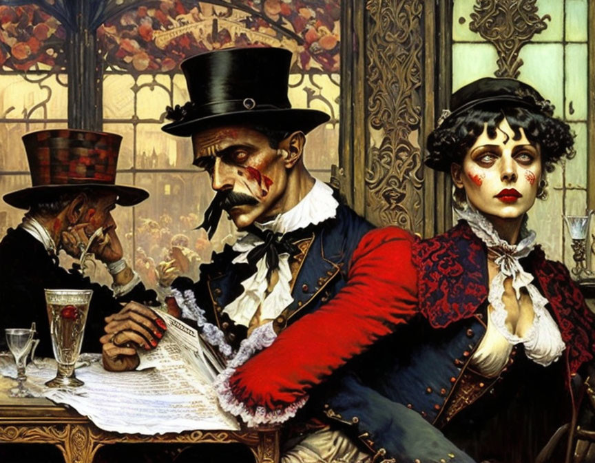 Victorian-era illustration: Man in top hat reading newspaper, elegant woman at café