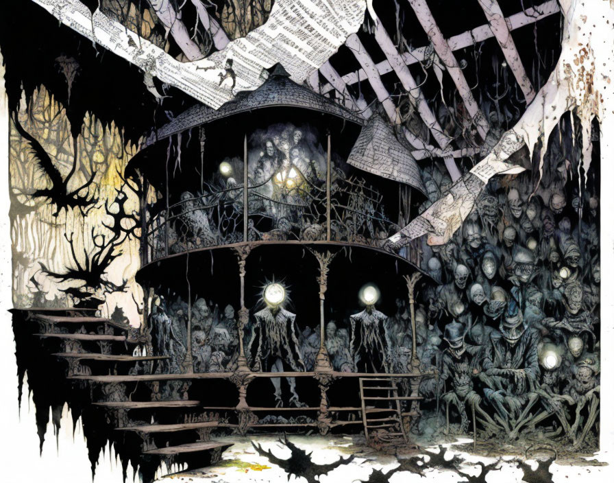 Fantastical indoor scene with tree-house structure, hanging newspapers, mystical orbs, gnarled branches