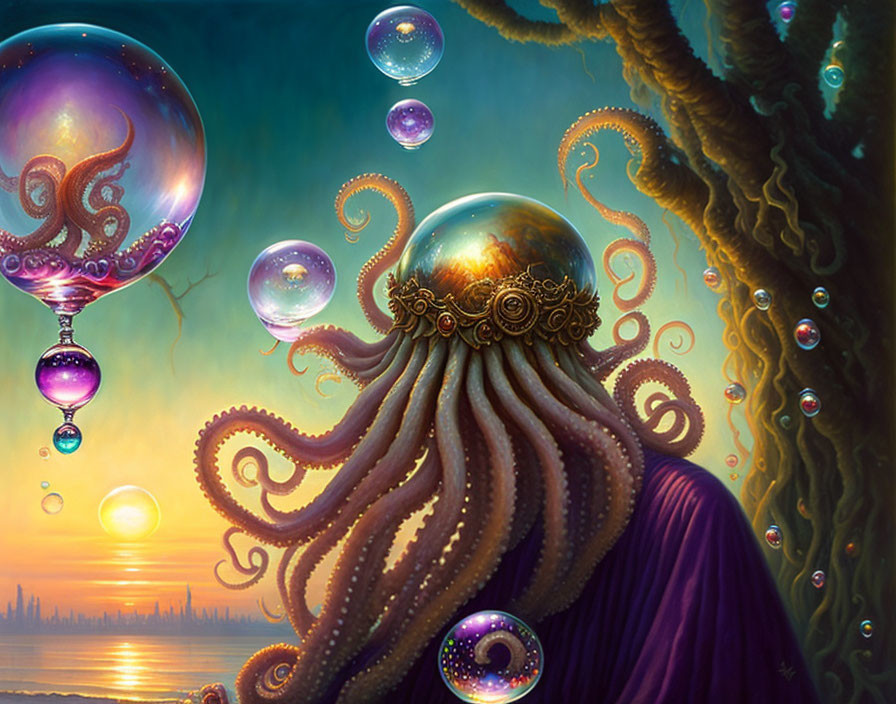 Octopus-like creature in purple cloak with ornate bubbles at sunset