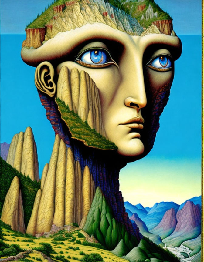 Portrait blending face with landscape: rocky cliffs, green plateau hair, blue sky.