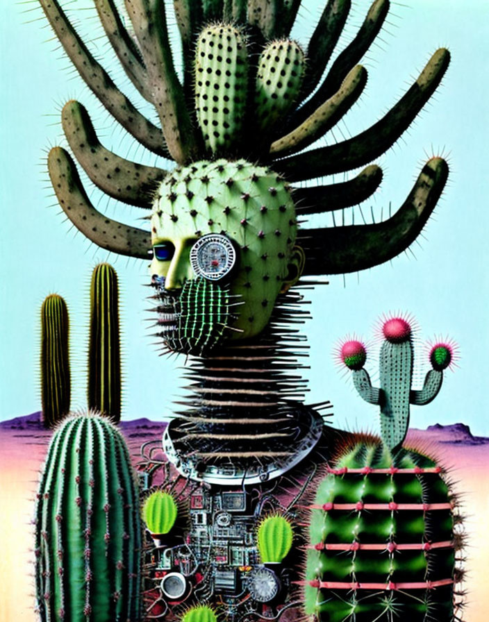 Surreal artwork: humanoid figure with cactus head, spring neck, and machinery body in desert