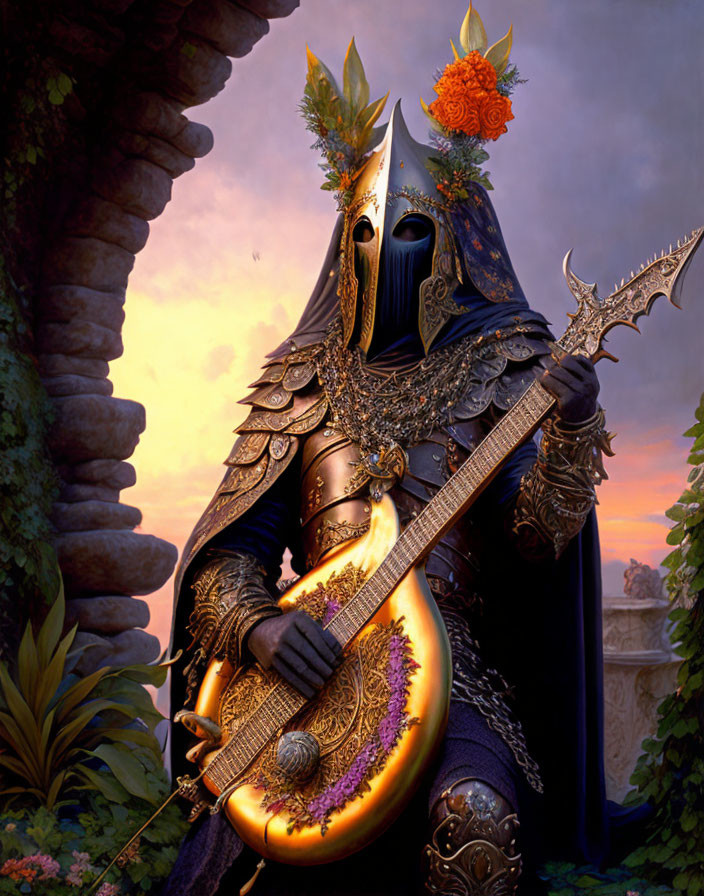 Ornate knight playing lute in golden armor amid twilight landscape