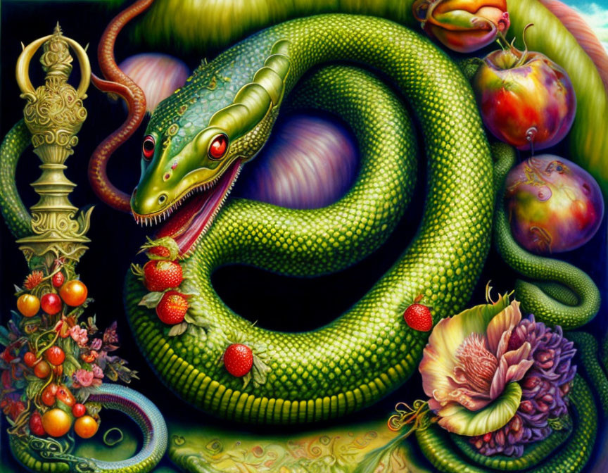 Colorful Artwork: Green Serpent Among Fruits and Flowers