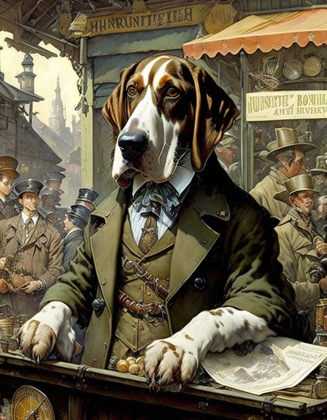 Detective Dog in Tie and Coat Surrounded by Vintage Crowd