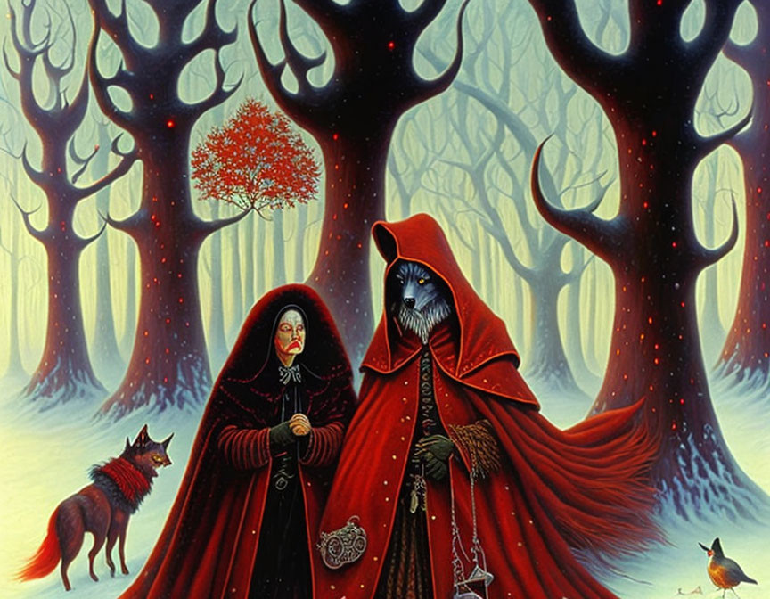 Whimsical painting of figures in red cloaks in fairy tale forest