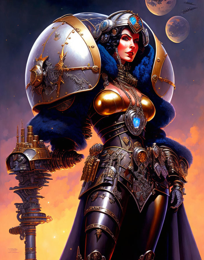 Regal woman in futuristic armor with cosmic backdrop