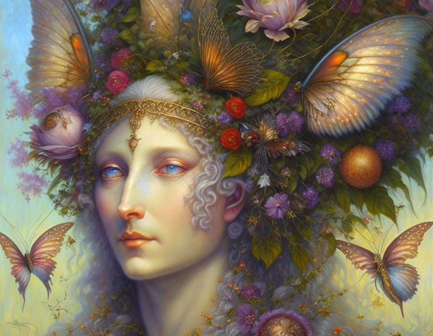 Ethereal figure with butterfly wings and ornate jewelry in floral setting