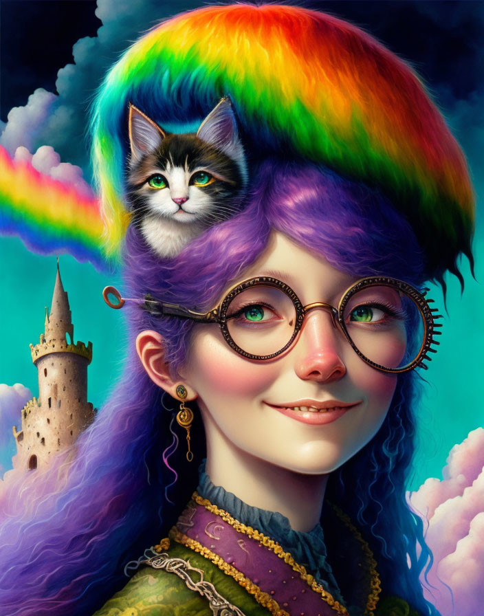 Colorful portrait of girl with purple hair, cat, castle, and rainbow in whimsical setting