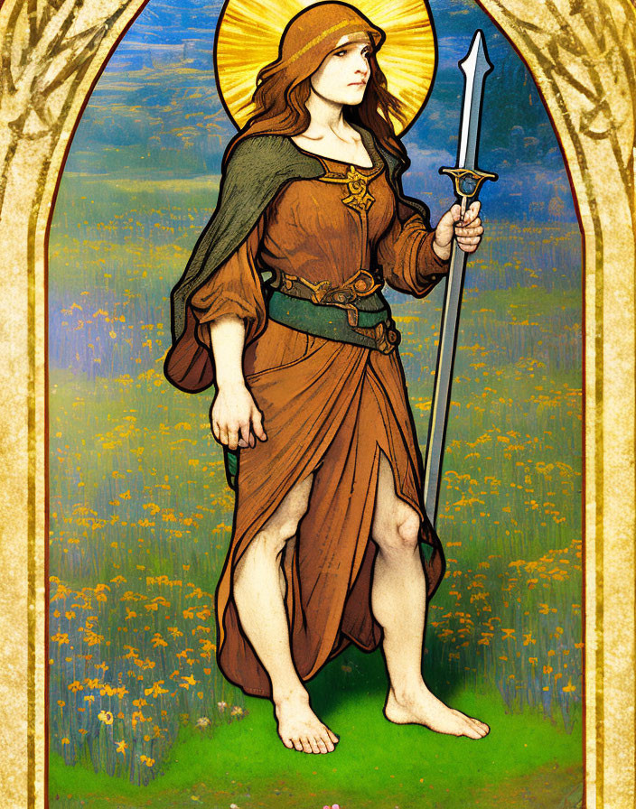 Medieval-themed figure with halo and sword in stylized illustration