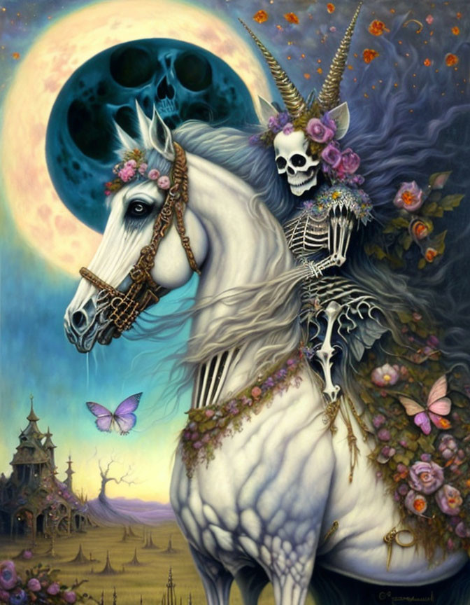 Fantastical painting of skeletal rider on white horse under full moon