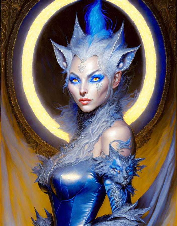 Blue-haired fantasy figure with feline ears holds blue wolf against golden halo.