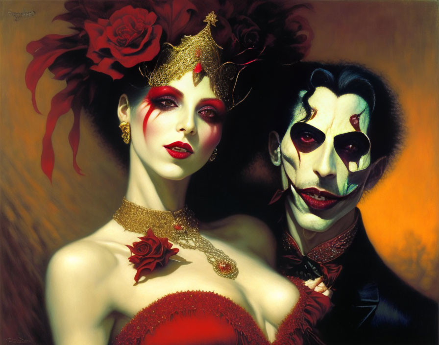 Gothic-style painting of woman with red makeup and floral headpiece beside man with skeletal face and