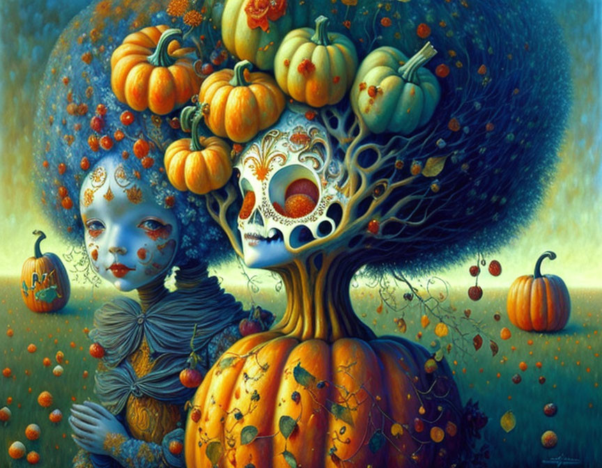 Whimsical artwork of female figure with pumpkin body, tree hair, and autumn mask