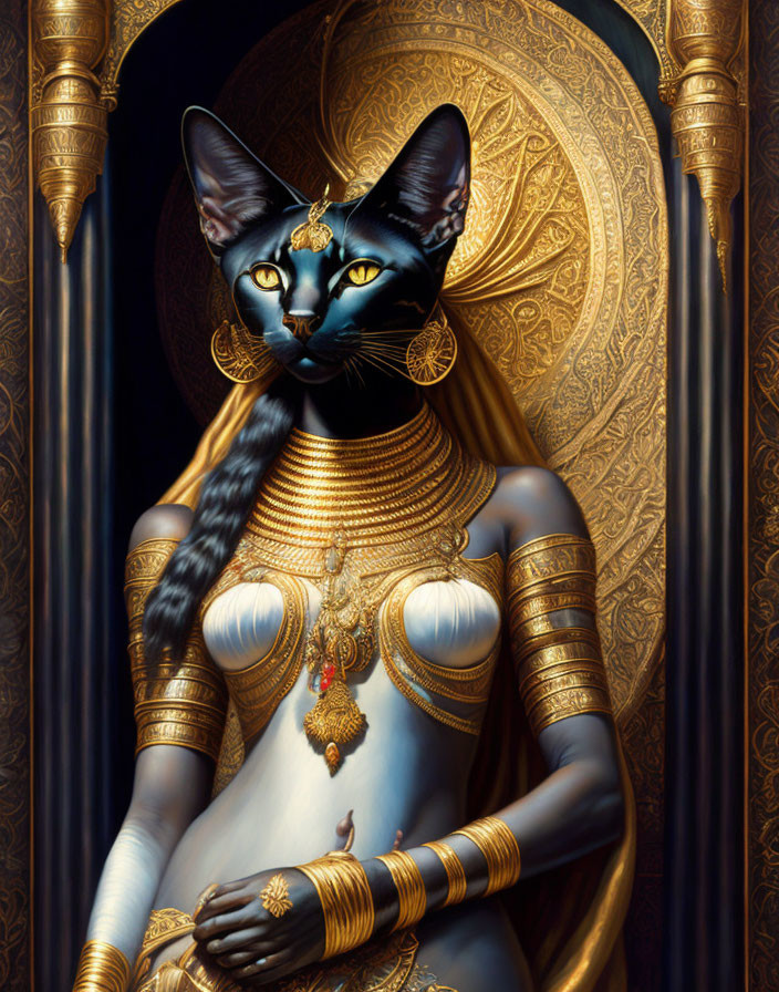 Anthropomorphic Black Cat with Egyptian Goddess Features in Gold Jewelry and Hieroglyphic Background