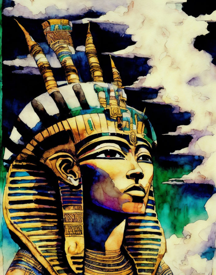 Vibrant Pharaoh with Striped Headdress on Cloudy Sky Background