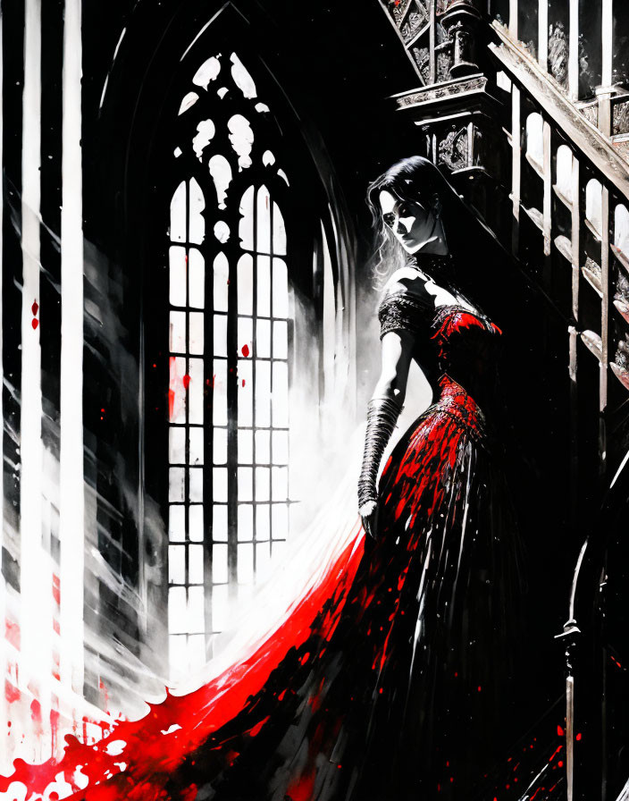 Woman in Black and Red Gown by Gothic Window with Light Contrast