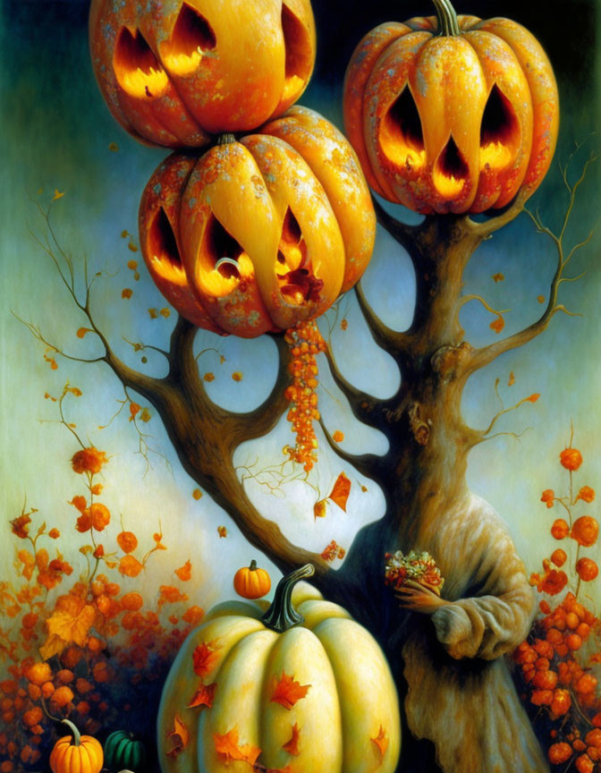 Whimsical painting of tree with jack-o'-lantern fruits, autumn leaves, and pumpkins