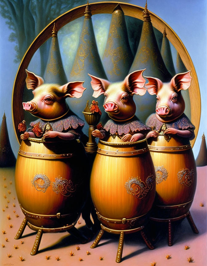 Three anthropomorphic pigs in elegant attire behind drums with surreal backdrop