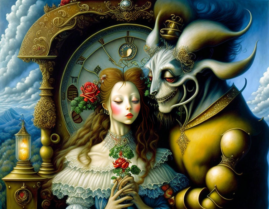 Surrealist painting with woman's face and goat-headed figure among clocks, roses, and Victorian attire