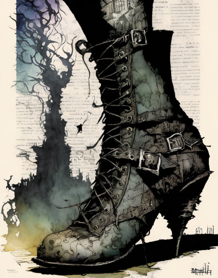 Detailed illustration of laced-up boot with intricate patterns on tree-filled background.