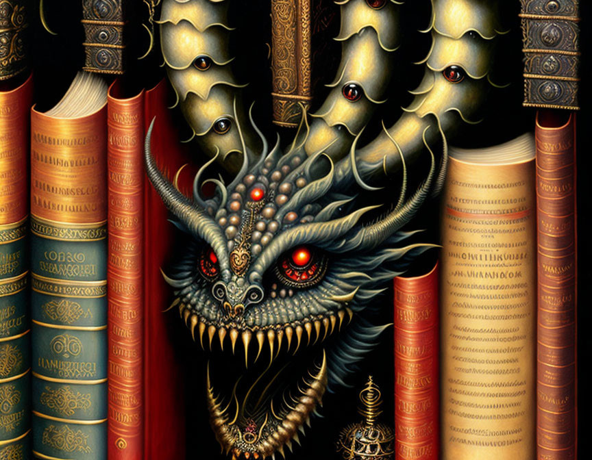 Majestic dragon among vintage books with ornate spines