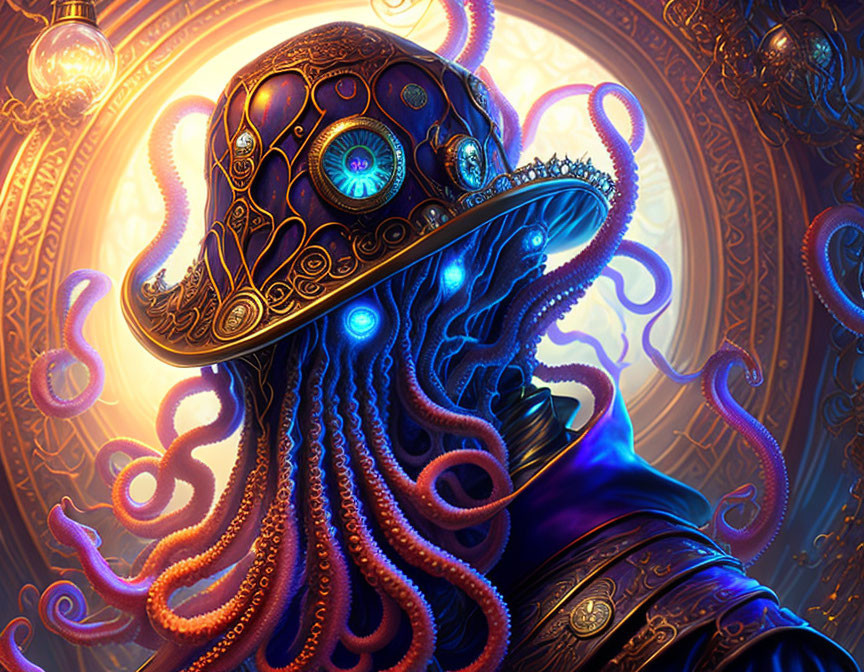 Colorful Victorian octopus art with mechanical top hat on ornate gold background