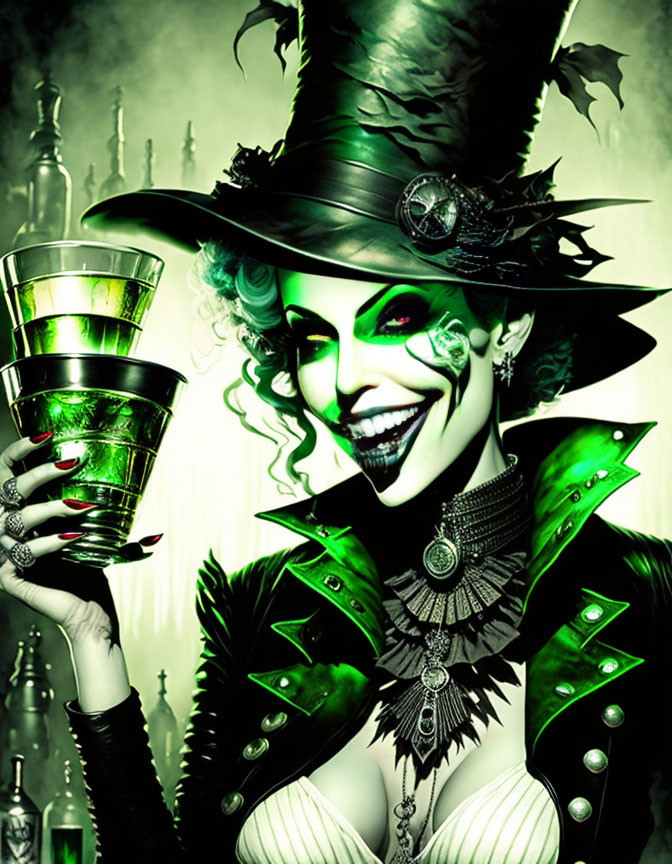 Person in Vibrant Green Attire with Top Hat and Glowing Drink