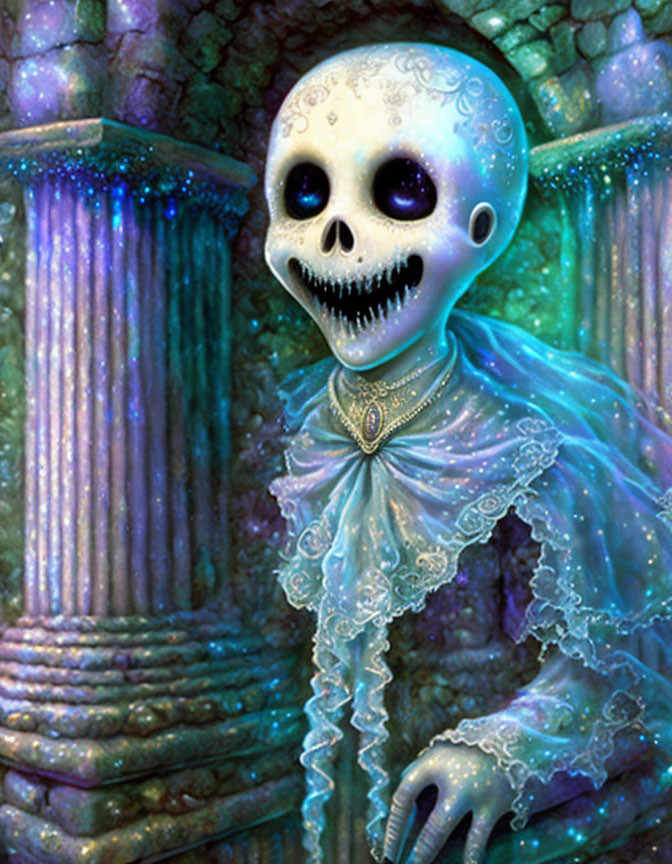 Grinning skeleton in ornate clothing with blue aura among iridescent pillars