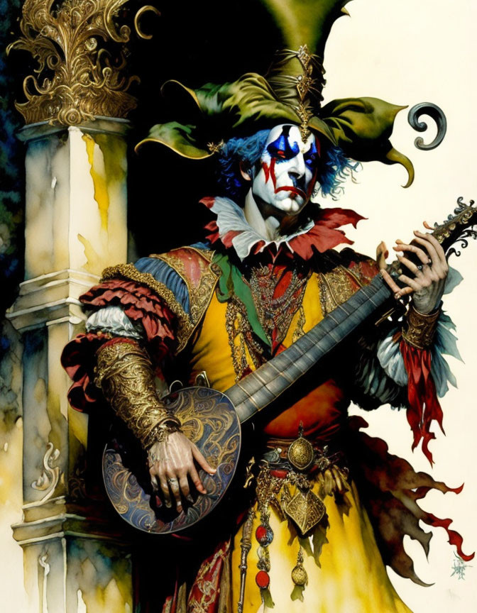 Colorful Medieval Jester Playing Lute Beside Stone Pillar