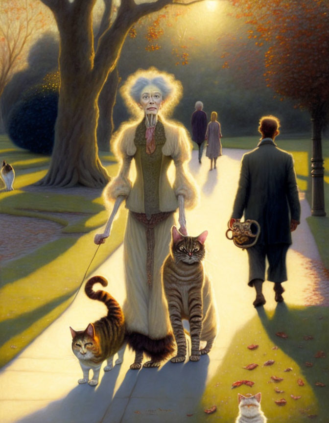 Surreal painting of woman with cat head walking feline companions in park