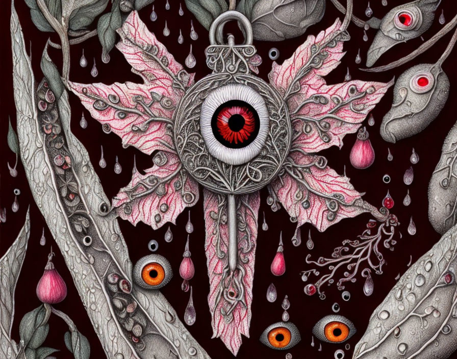 Detailed Illustration: Central Eye in Amulet with Wings and Tendrils