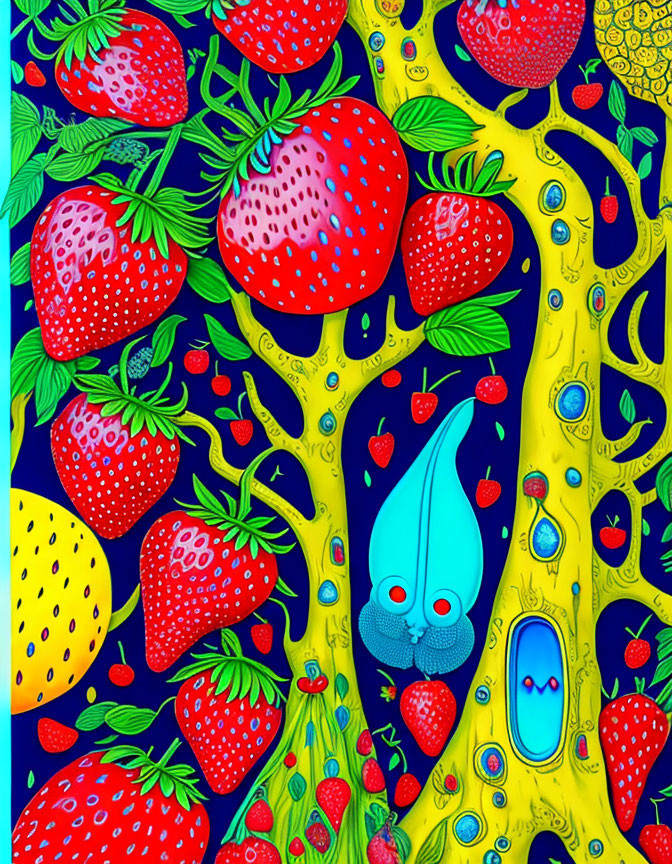 Colorful Strawberry and Teardrop Character Illustration on Yellow and Blue Background