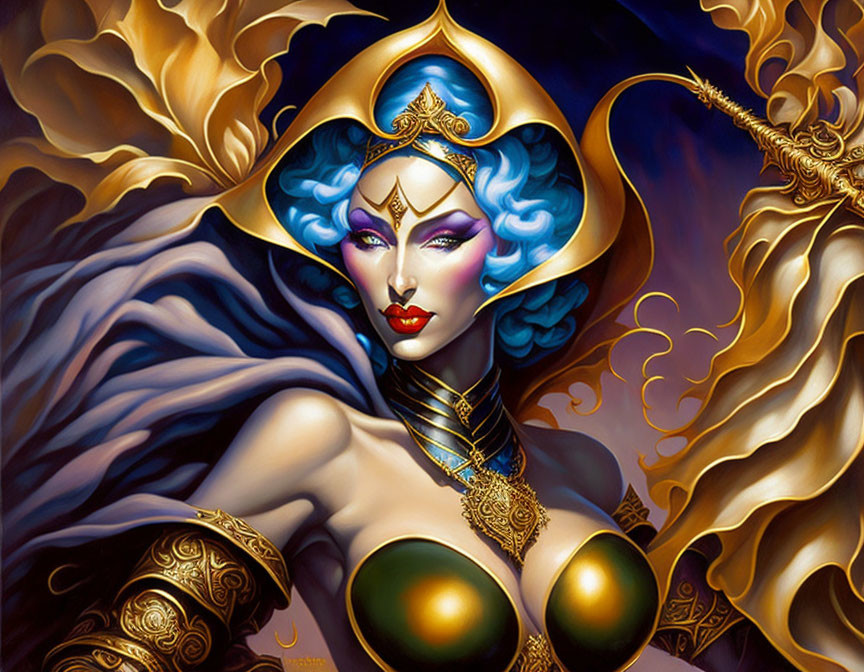 Fantasy illustration of woman with blue hair and golden headgear in fiery backdrop