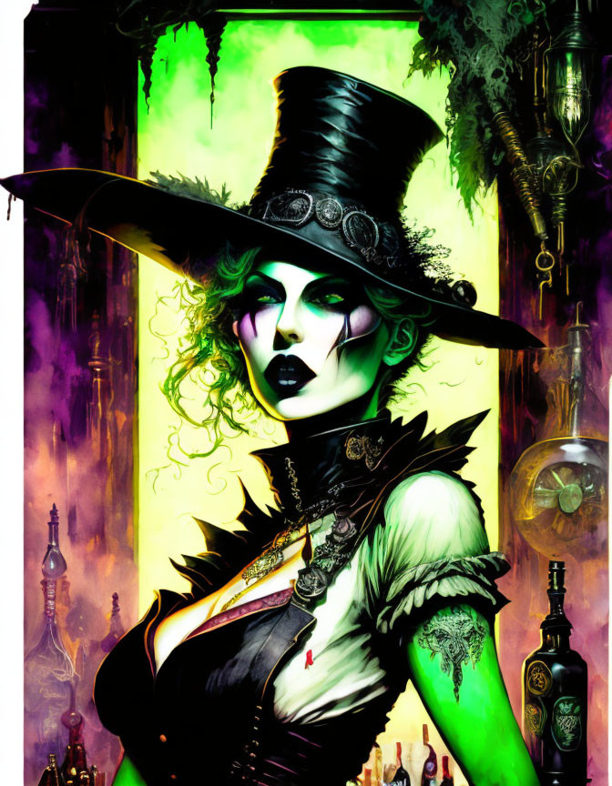 Gothic-style illustration of woman with green skin in Victorian attire