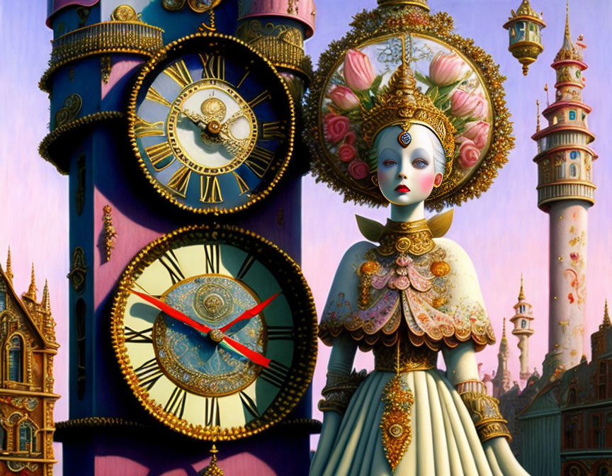 Surrealist painting of female figure with clock face amid intricate architectures