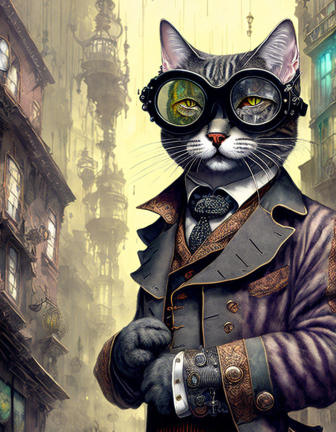 Steampunk-themed anthropomorphic cat in futuristic industrial setting