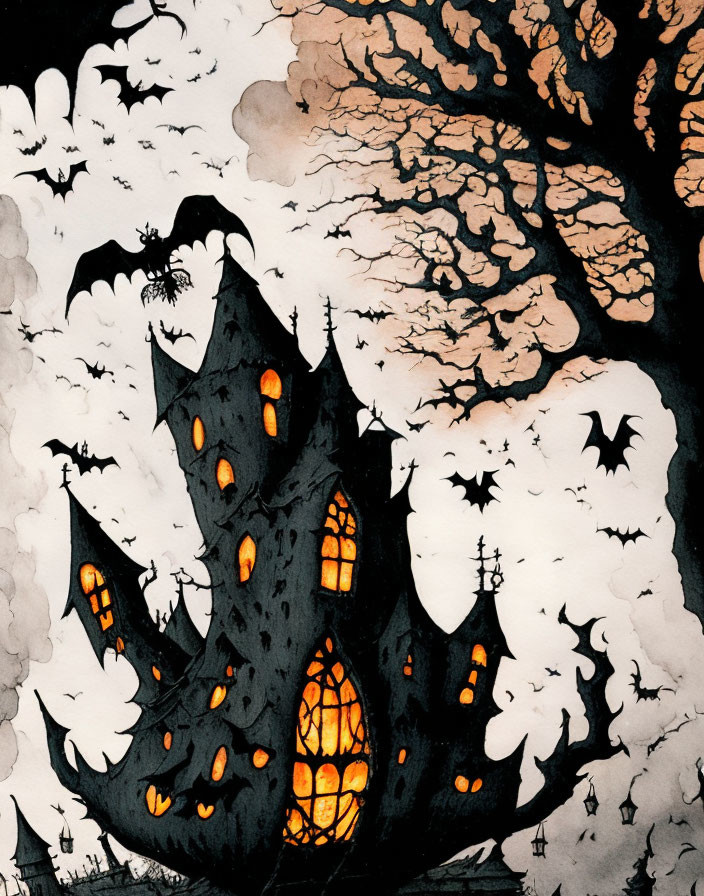 Spooky haunted house with bats and bare tree on cloudy sky