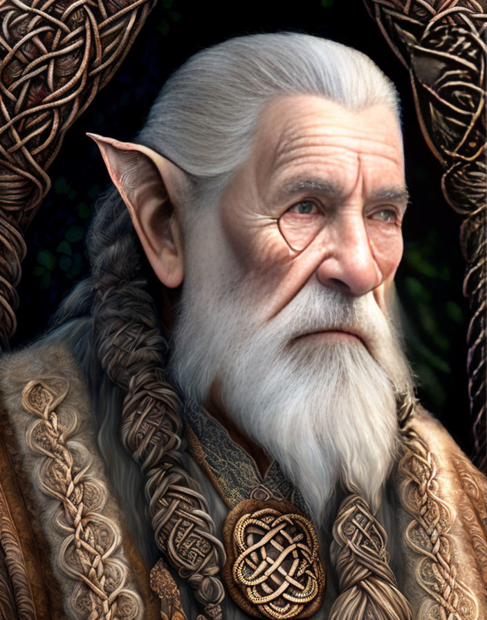 Elderly man with pointed ears in ornate Celtic robes